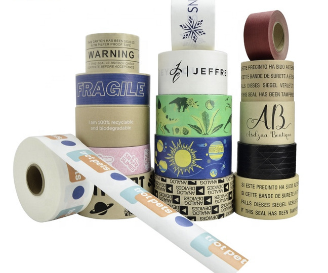 Professional packaging scene with branded tape sealing