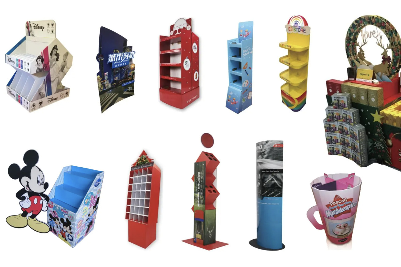 Custom Display Boxes showcasing different products on retail counter