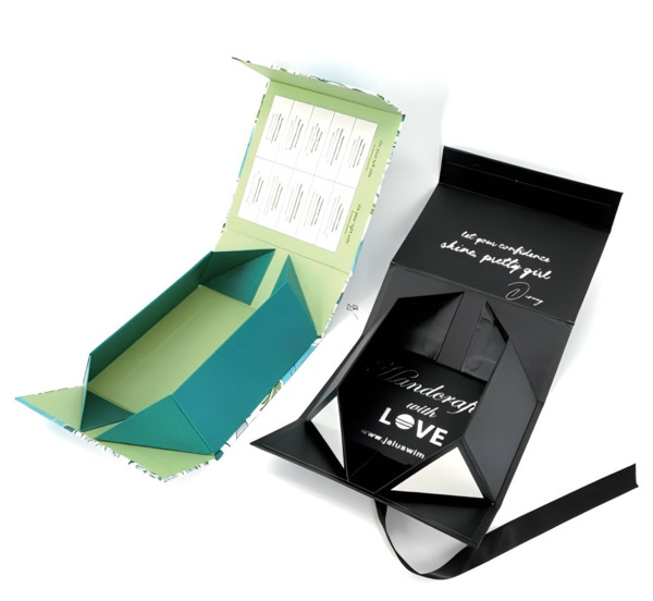 Custom folding cartons on retail shelf with professional lighting