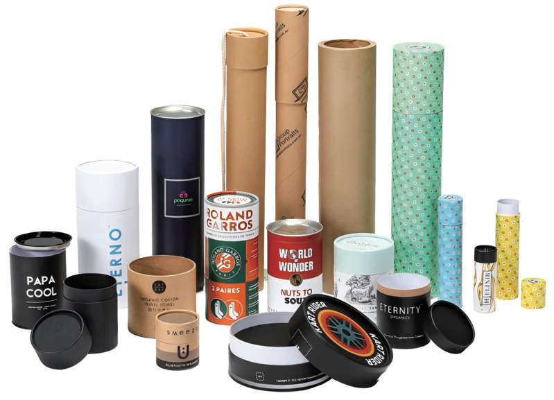 Custom paper tubes arrangement showcasing luxury coffee, skincare, and apparel packaging with premium finishes