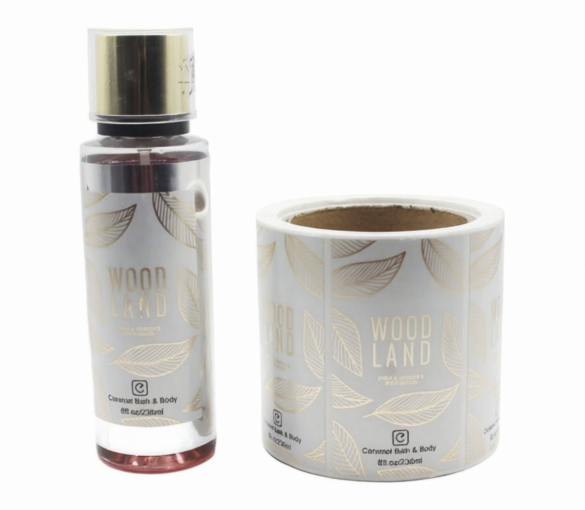 Rectangular label on glass cosmetic bottle