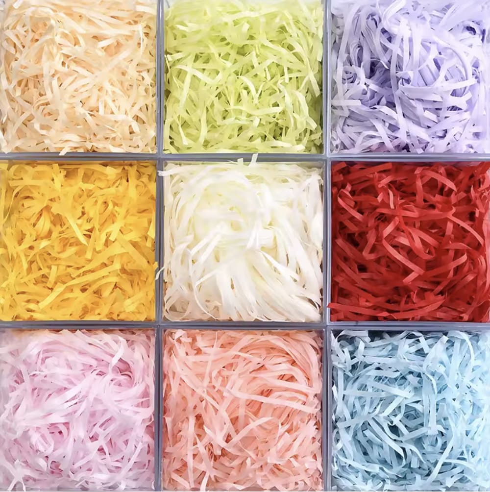 Beautiful unboxing moment with colorful decorative void fill