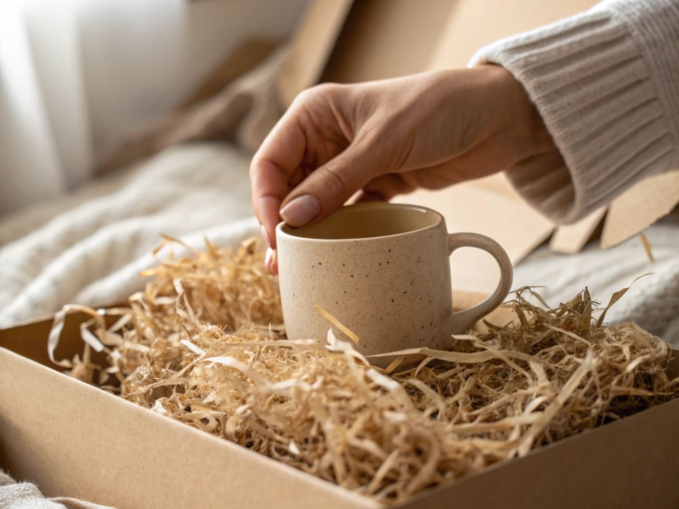 Hand reaching into natural kraft shred to reveal ceramic mug